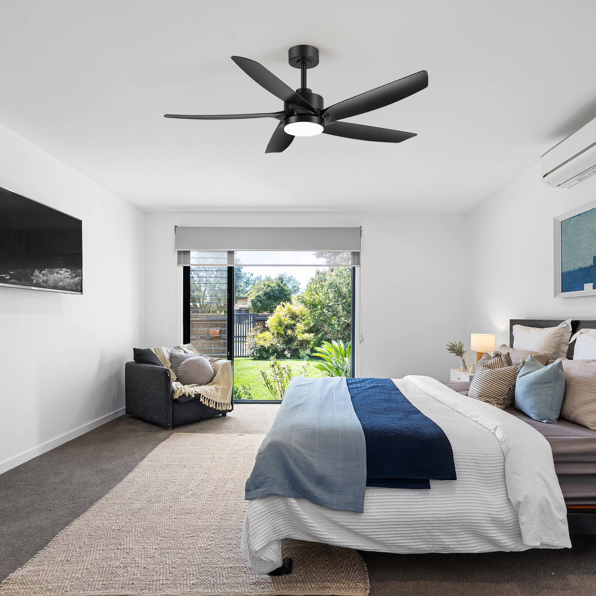 Alt View 2. Breezary - 54-Inch Indoor Ceiling Fan with 3-Color Light, 5 ABS Blades, 6-Speed DC Motor, Remote & Timer, Memory, 6"/12" Downrods - Matte Black.