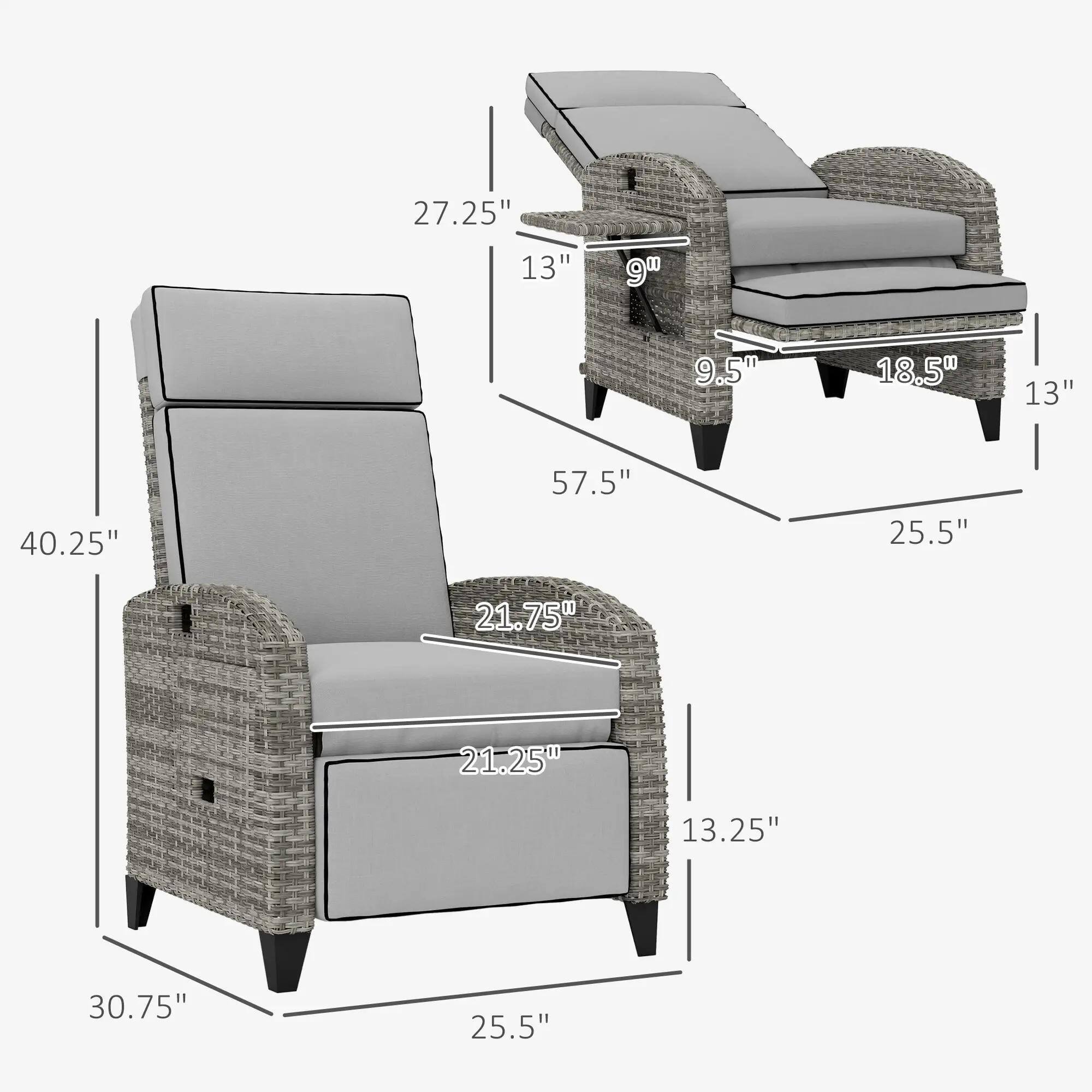 The dimensions of the chair are:

- Width: 25.5"
- Depth: 40.25"
- Height: 30.75"
- Backrest height: 21.75"
- Seat height: 13.25"
- Armrest width: 21.25"
- Table width: 18.5"
- Table height: 9.5"
- Table depth: 13"
- Table height: 27.25"
- Table depth: 13"