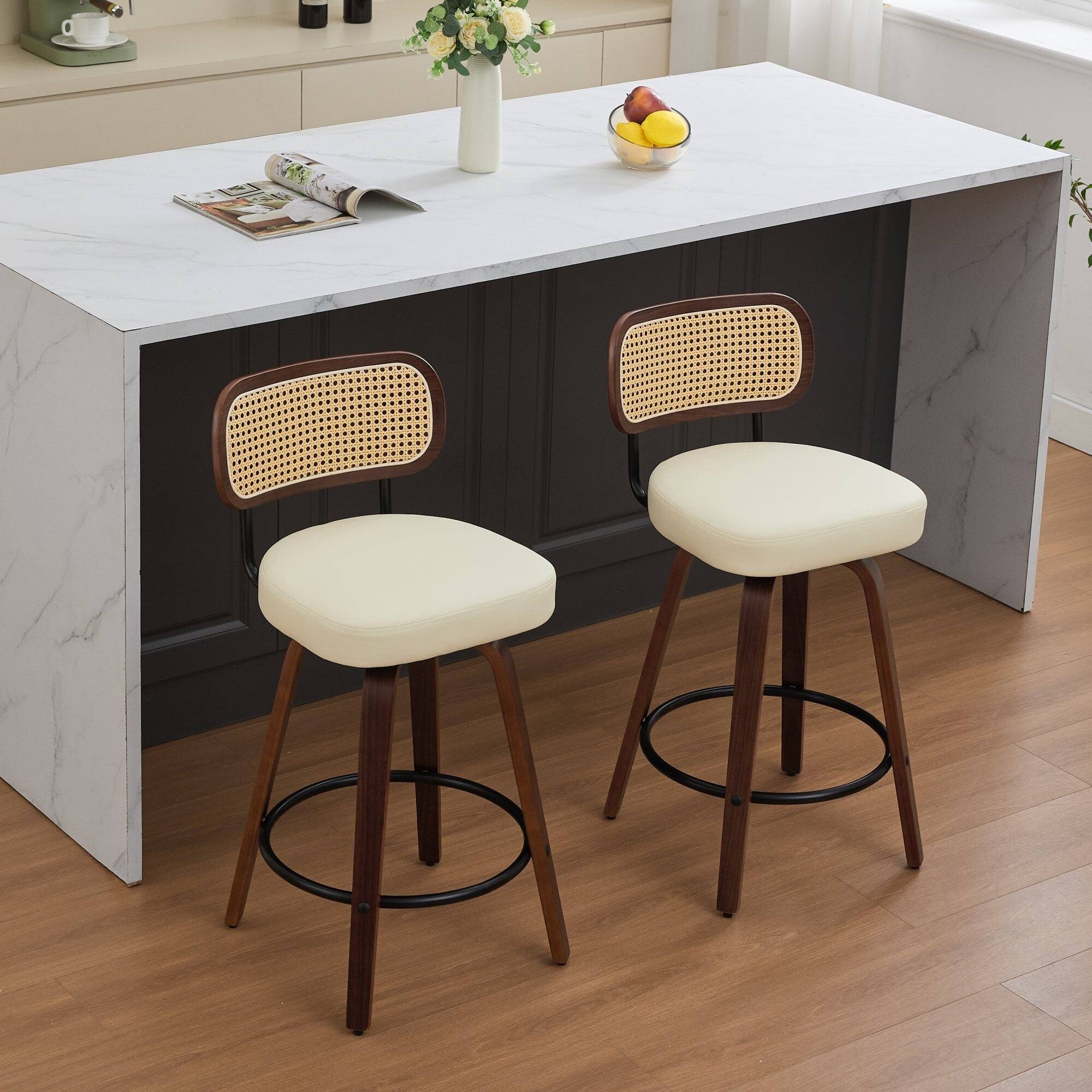 Left. Boyel Living - 26 Inch Swivel Counter Height Bar Stools Set of 2 with Walnut Bentwood Legs - Beige.