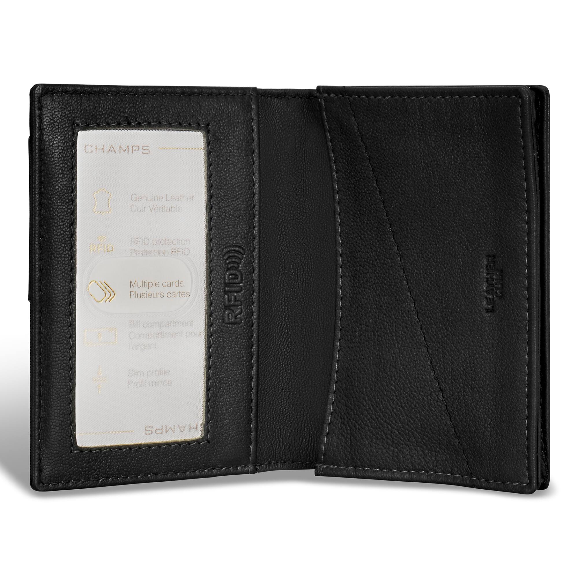 CHAMPS Genuine Leather Cuir Véritable RFID protection Protection RFID Multiple cards Plusieurs cartes Bill compartment Compartiment pour argent Slim profile Profil mince