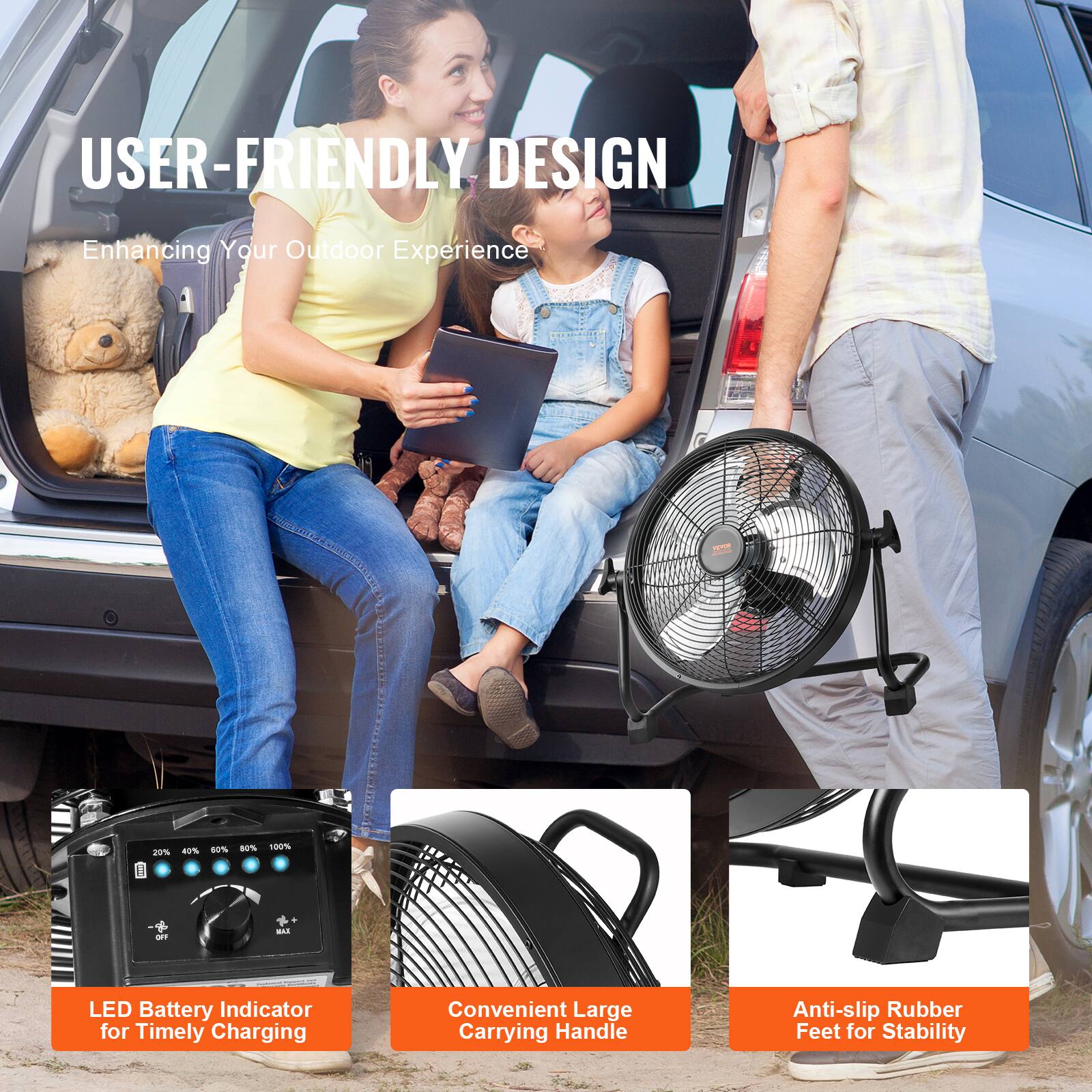 USER-FRIENDLY DESIGN  
Enhancing Your Outdoor Experience  

- LED Battery Indicator for Timely Charging  
- Convenient Large Carrying Handle  
- Anti-slip Rubber Feet for Stability