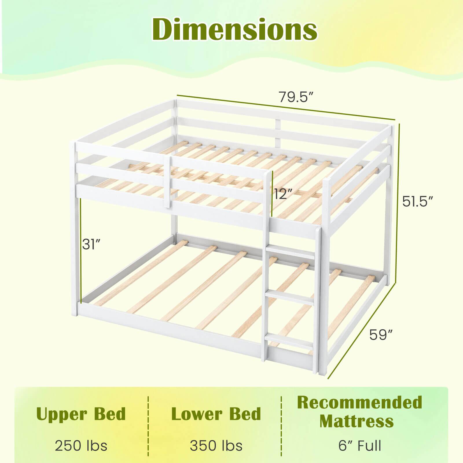 Dimensions  
79.5" x 51.5" x 59" x 31" x 12"  

Upper Bed  
250 lbs  

Lower Bed  
350 lbs  

Recommended Mattress  
6" Full