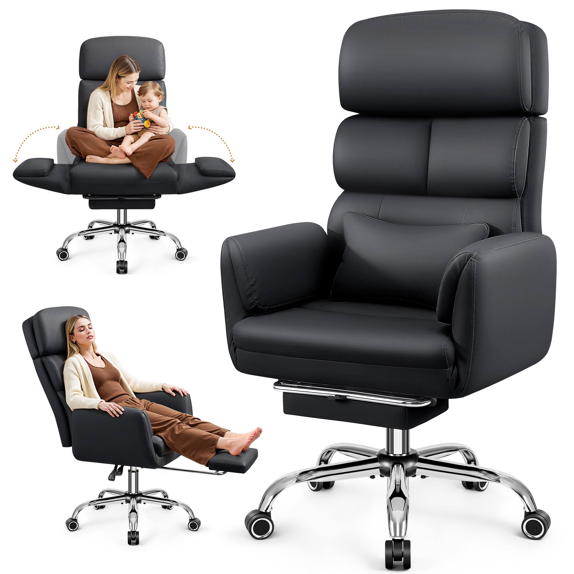 KERDOM - Big Tall Desk Chair with Reversible Arms, PU Leather Executive Manager Boss Chair with Lifting Headrest & Lumbar Pillow - Black price history on PriceWatchPro