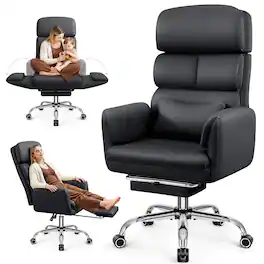 KERDOM - Big Tall Desk Chair with Reversible Arms, PU Leather Executive Manager Boss Chair with Lifting Headrest & Lumbar Pillow - Black