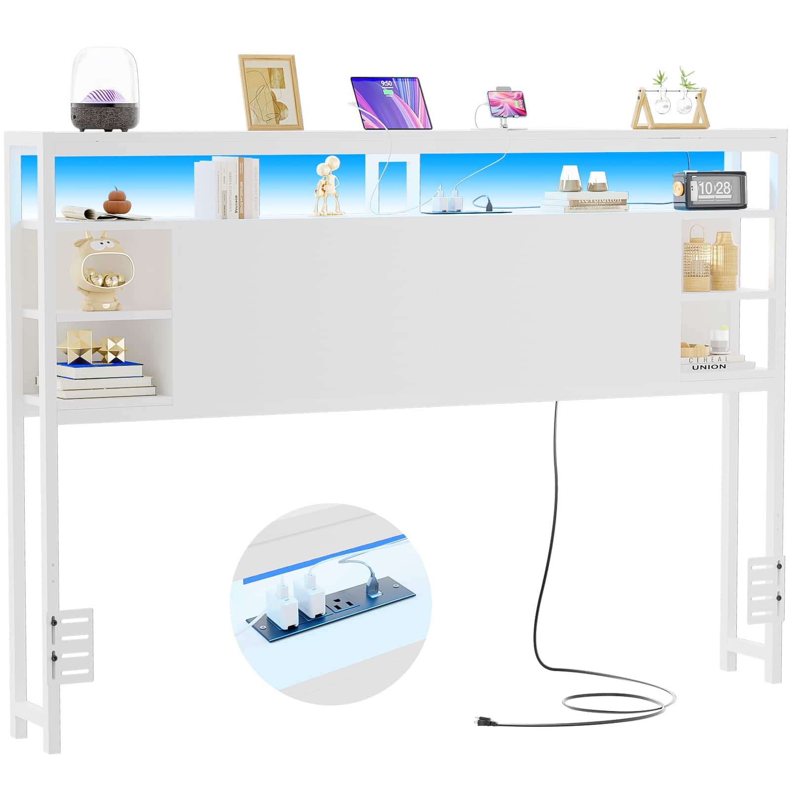Aheaplus - Sturdy Queen Headboard with Storage, USB/Outlets & Smart LED Light - White
