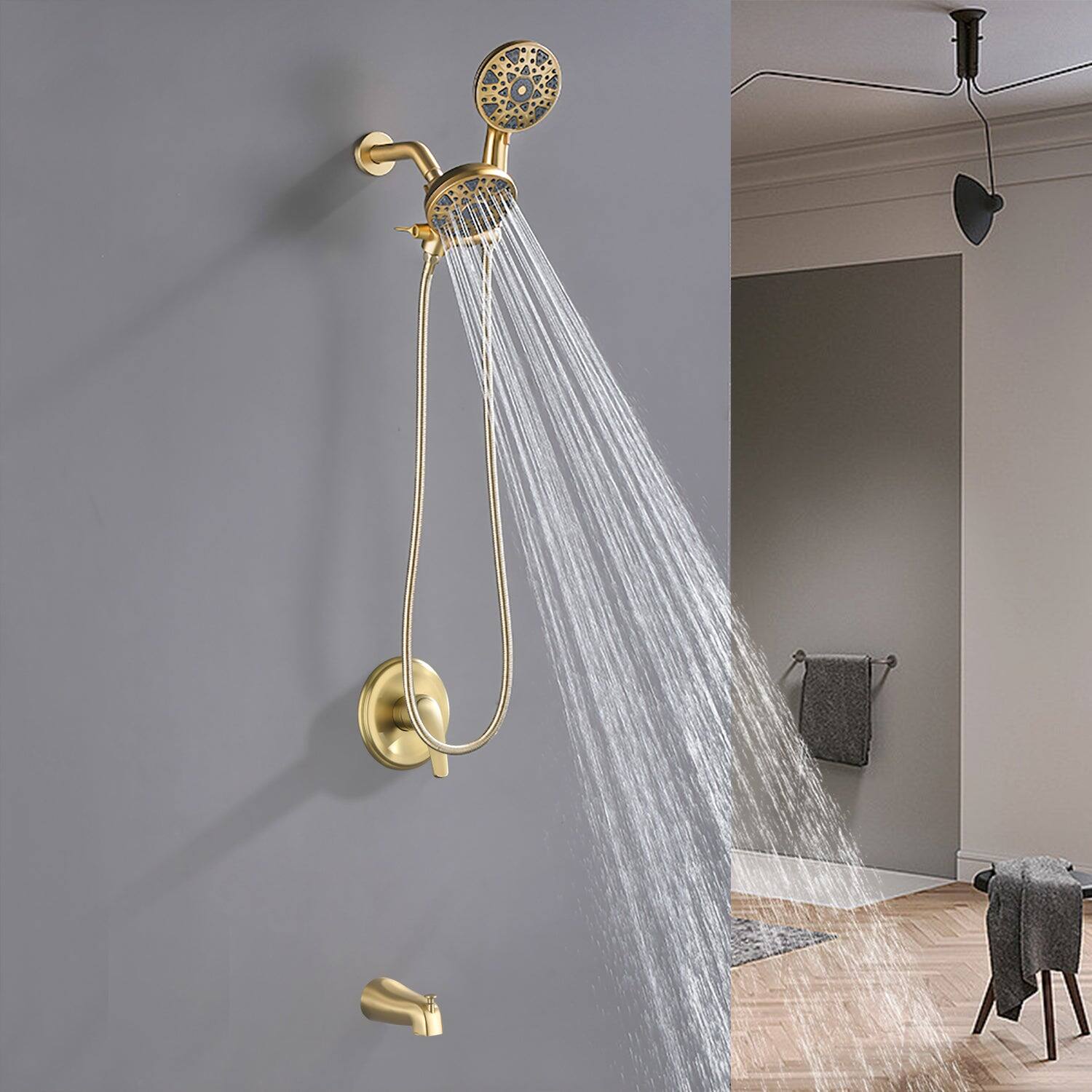 Alt View 3. Boyel Living - Brushed Gold Shower Set with Pressure Balance Valve 6 Function Dual Shower Heads and Tub Spout - Brushed Gold.