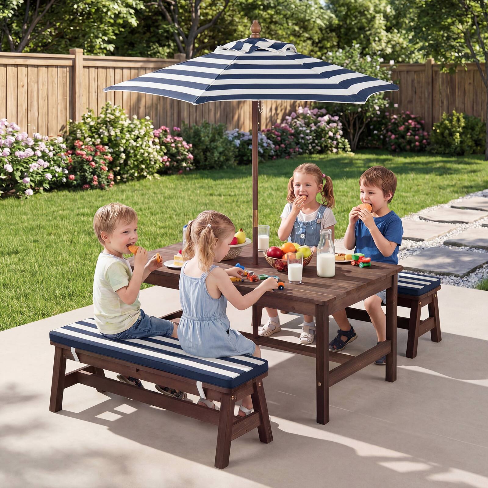 Alt View 3. Gymax - Gymax Kids Picnic Table Outdoor Wooden Table & Bench Set w/ Removable Umbrella - Blue.