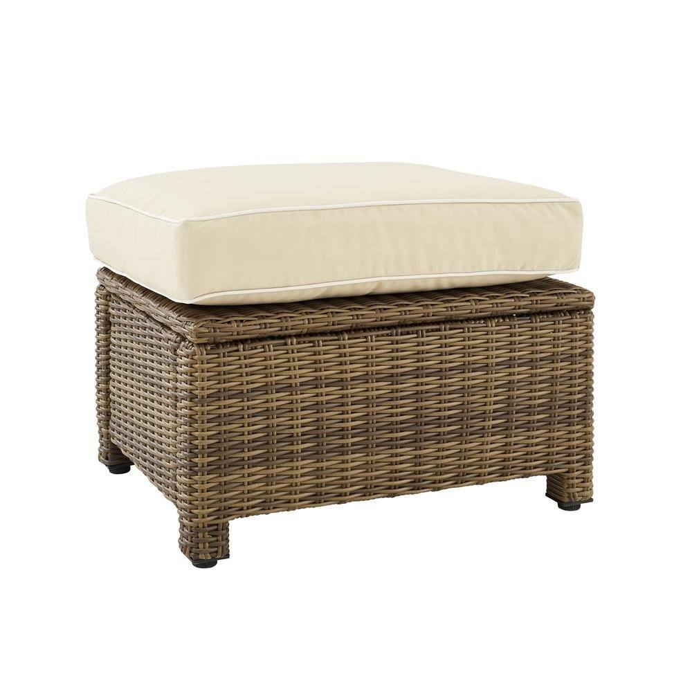 Alt View 1. Outdoor Escape - Brown Wicker Outdoor Ottoman with Sand Cushion – Foot Rest for Patio Lounging - Sand.