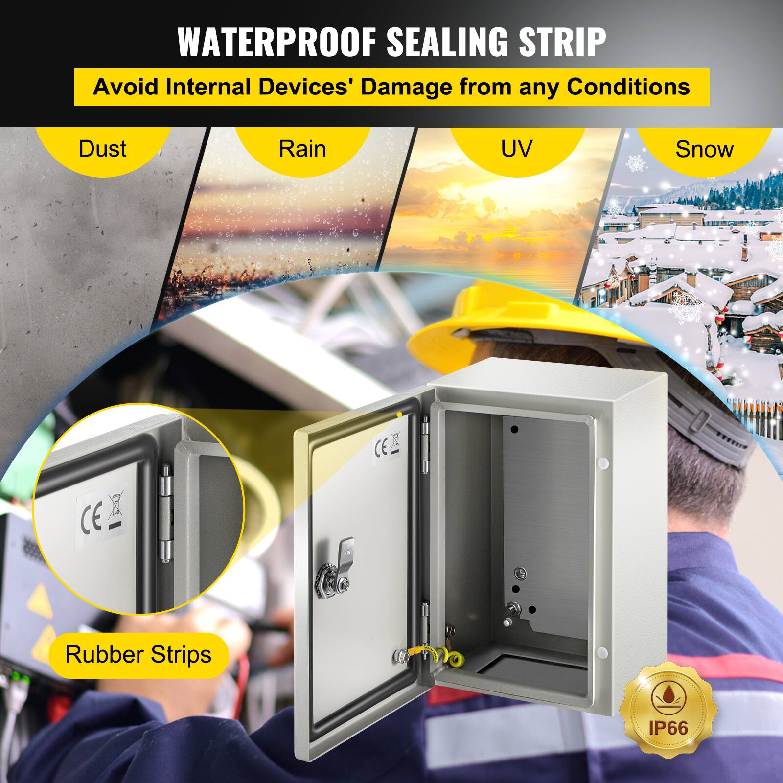 WATERPROOF SEALING STRIP  
Avoid Internal Devices' Damage from any Conditions  
Dust  
Rain  
UV  
Snow  
CE  
Rubber Strips  
IP66