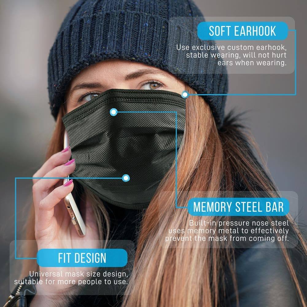 SOFT EARHOOK  
Use exclusive custom earhook, stable wearing, will not hurt ears when wearing.  

MEMORY STEEL BAR  
Built-in pressure nose steel uses memory metal to effectively prevent the mask from coming off.  

FIT DESIGN  
Universal mask size design, suitable for more people to use.
