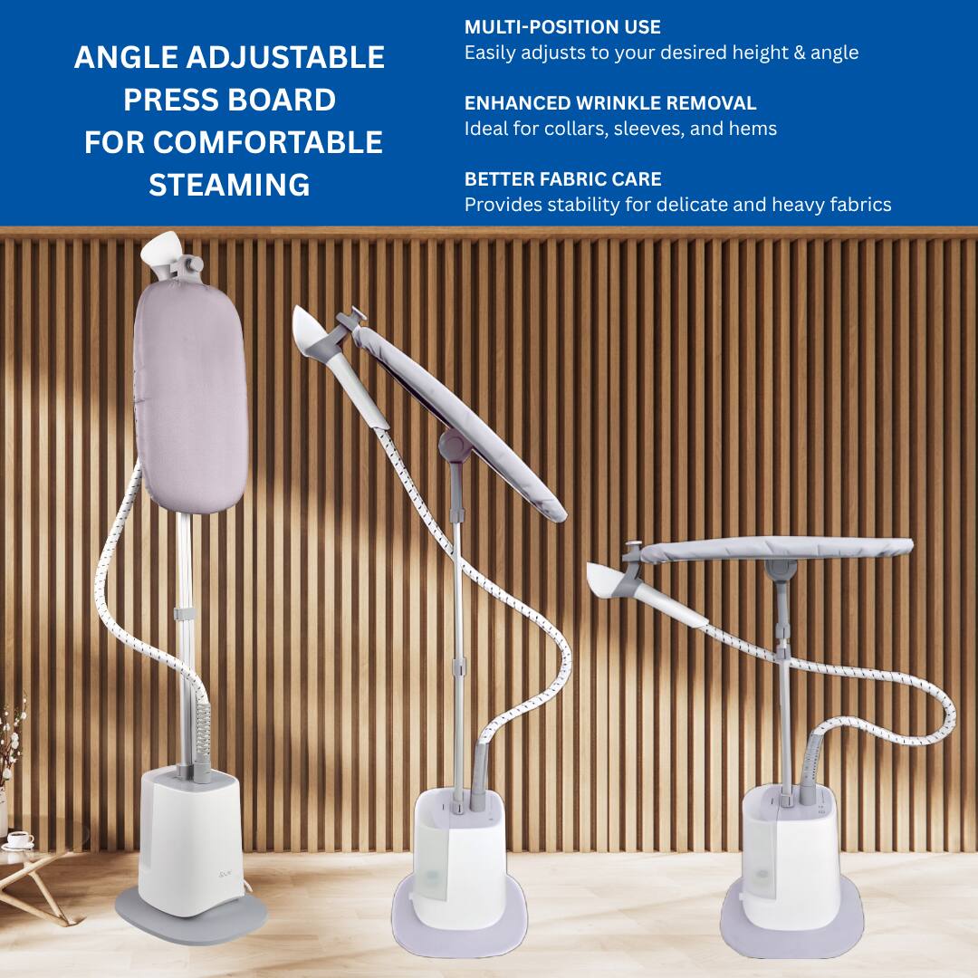 Here is the corrected and grouped text:

**ANGLE ADJUSTABLE PRESS BOARD FOR COMFORTABLE STEAMING**

- **MULTI-POSITION USE**: Easily adjusts to your desired height & angle.
- **ENHANCED WRINKLE REMOVAL**: Ideal for collars, sleeves, and hems.
- **BETTER FABRIC CARE**: Provides stability for delicate and heavy fabrics.