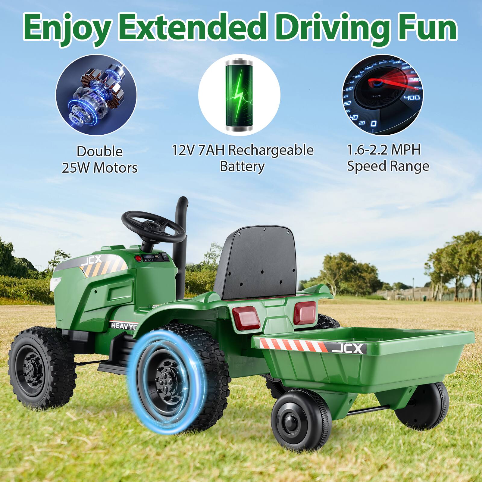 Enjoy Extended Driving Fun

- Double 25W Motors
- 12V 7AH Rechargeable Battery
- 1.6-2.2 MPH Speed Range