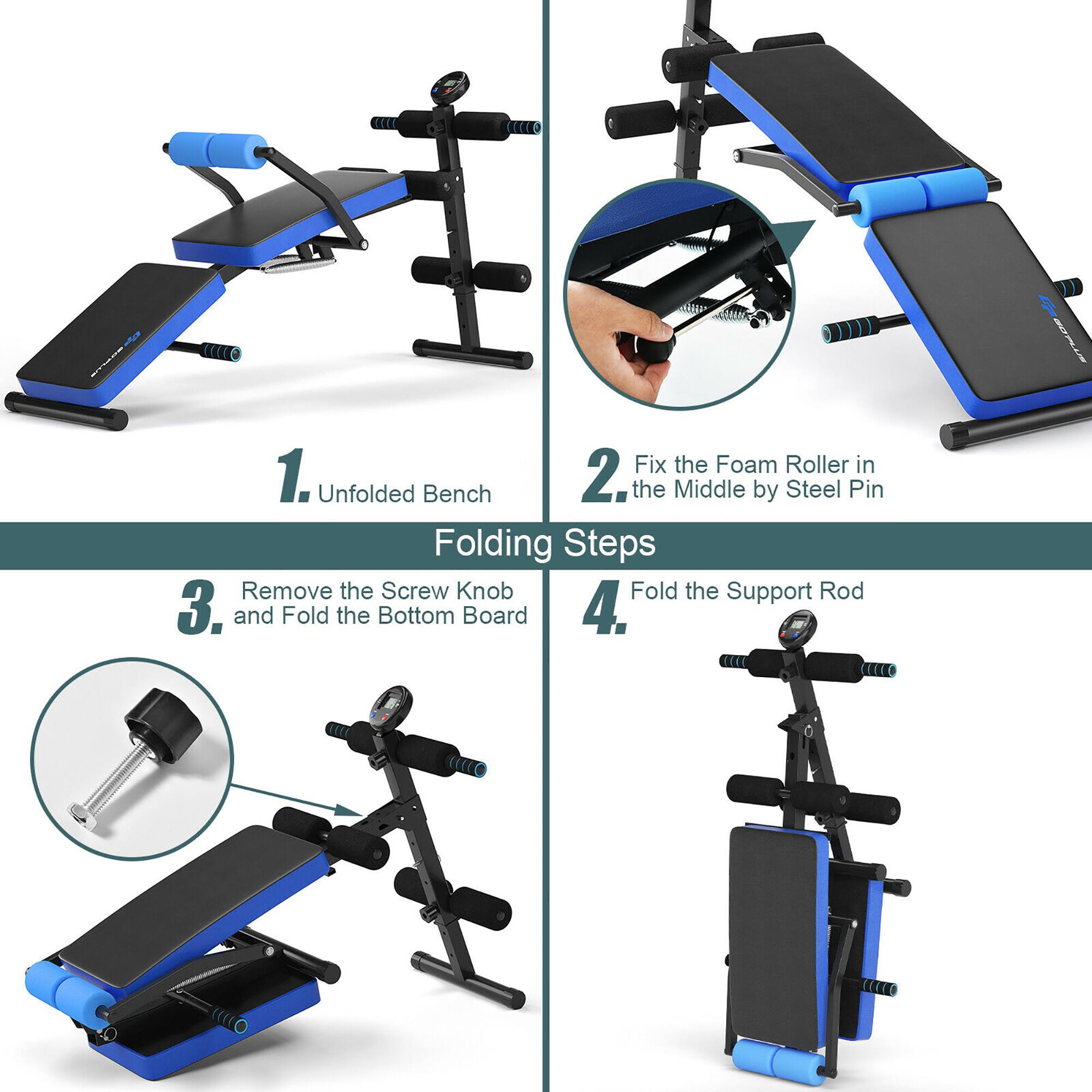 The text on the image is grouped and corrected as follows:

1. Fix the Foam Roller in 1. Unfolded Bench 2. the Middle by Steel Pin Folding Steps Remove the Screw Knob Fold the Support Rod 3. and Fold the Bottom Board

This text provides instructions for folding and unfolding a foam roller, which is a piece of exercise equipment. The steps include unfolding the bench, fixing the foam roller in the middle by steel pin folding, removing the screw knob, folding the support rod, and folding the bottom board.