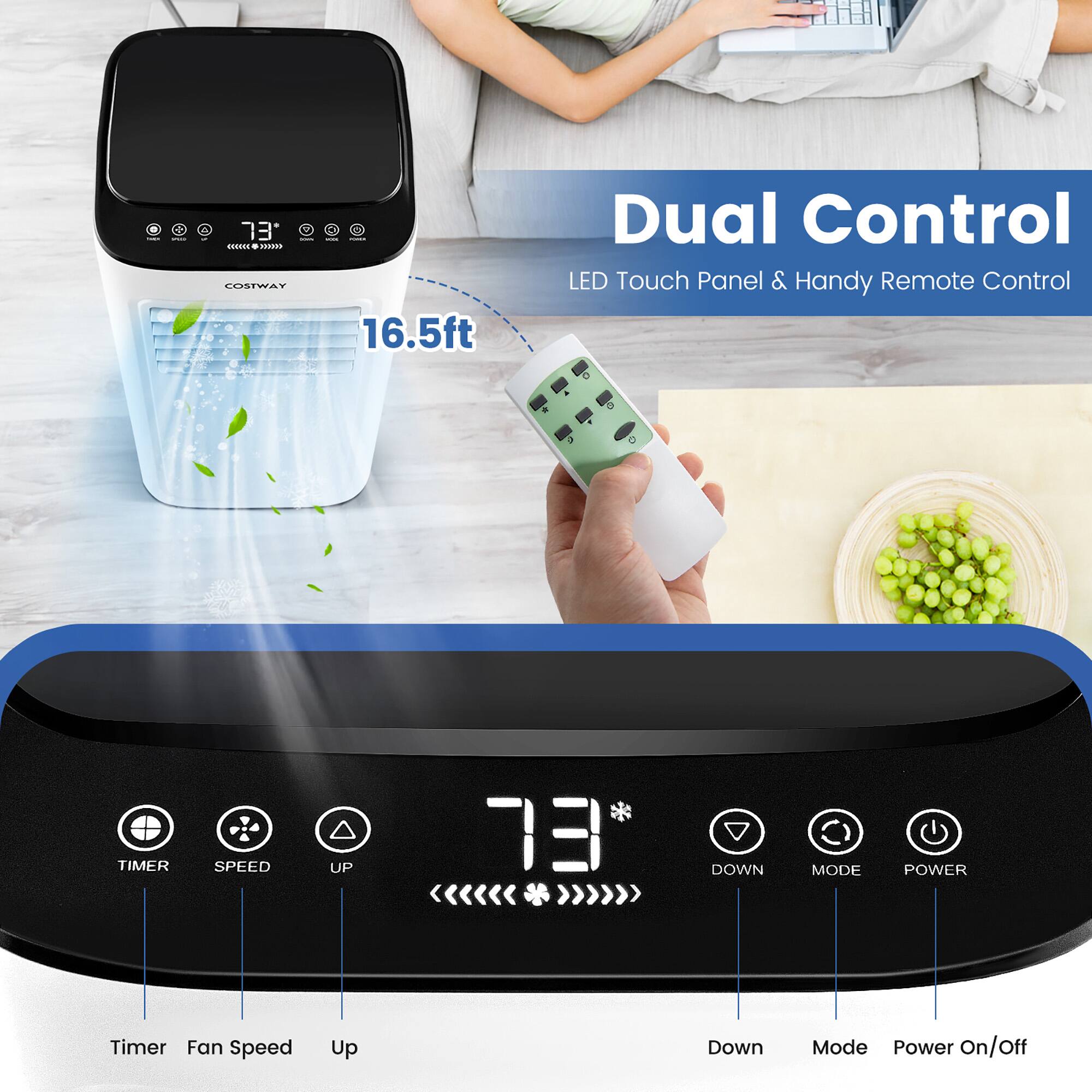 I 5 73 I n0L. - Portable Electric Fan with LED Touch Panel & Handy Remote Control Dual Control LED Touch Panel & Handy Remote Control TIMER SPEED UP 73 DOWN MODE POWER Timer Fan Speed Up Down Mode Power On/off