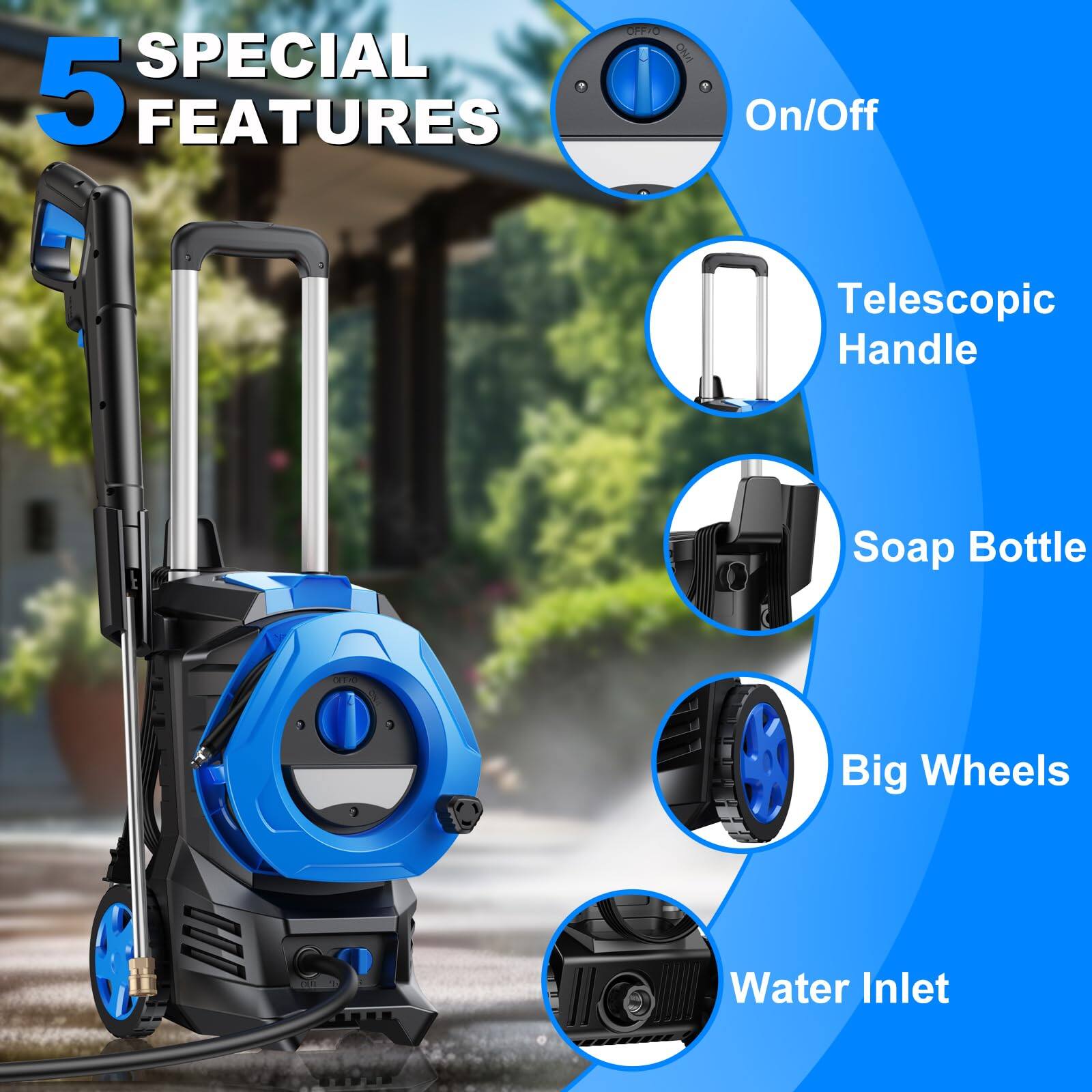 SPECIAL 5 FEATURES On/Off Telescopic Handle Soap Bottle Big Wheels Water Inlet