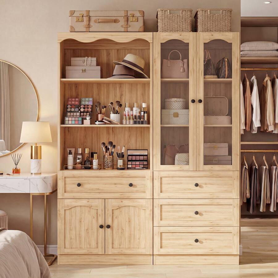 Aheaplus 51.1'' Wide Pantry Cabinet 2 Piece Set with 4 Drawers, Glass ...