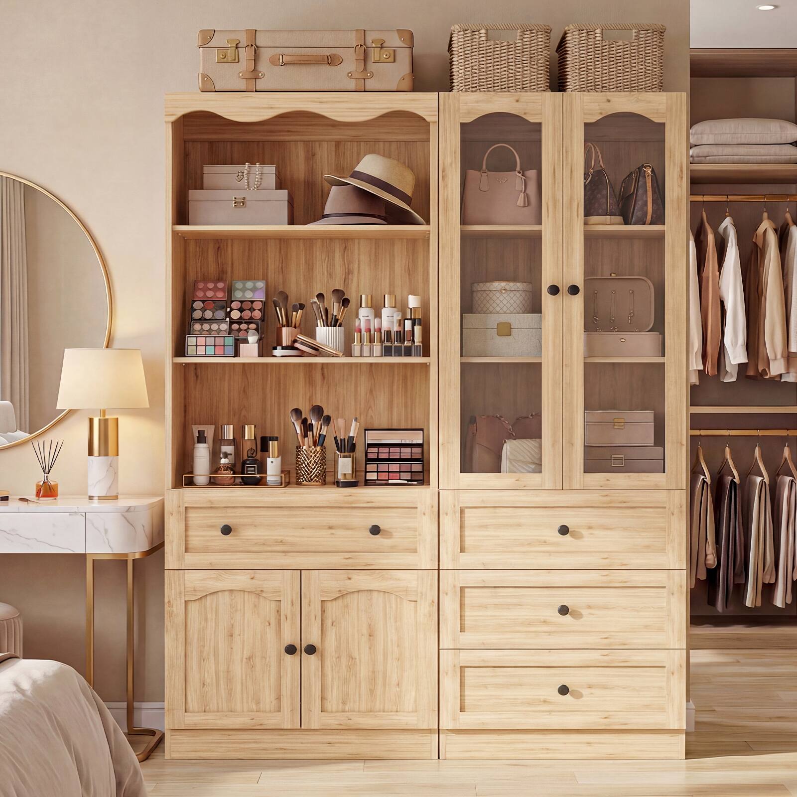 Aheaplus 51.1'' Wide Pantry Cabinet 2 Piece Set with 4 Drawers, Glass ...