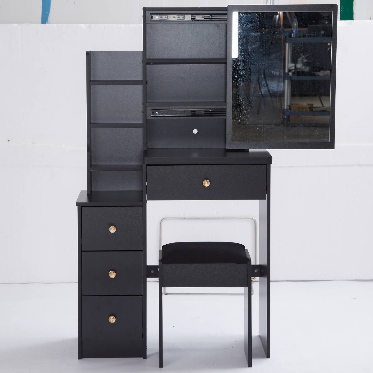 Left. Loheer - Loheer Small Space Makeup Vanity with Sliding Mirror and Stool, Black MDF - Black.