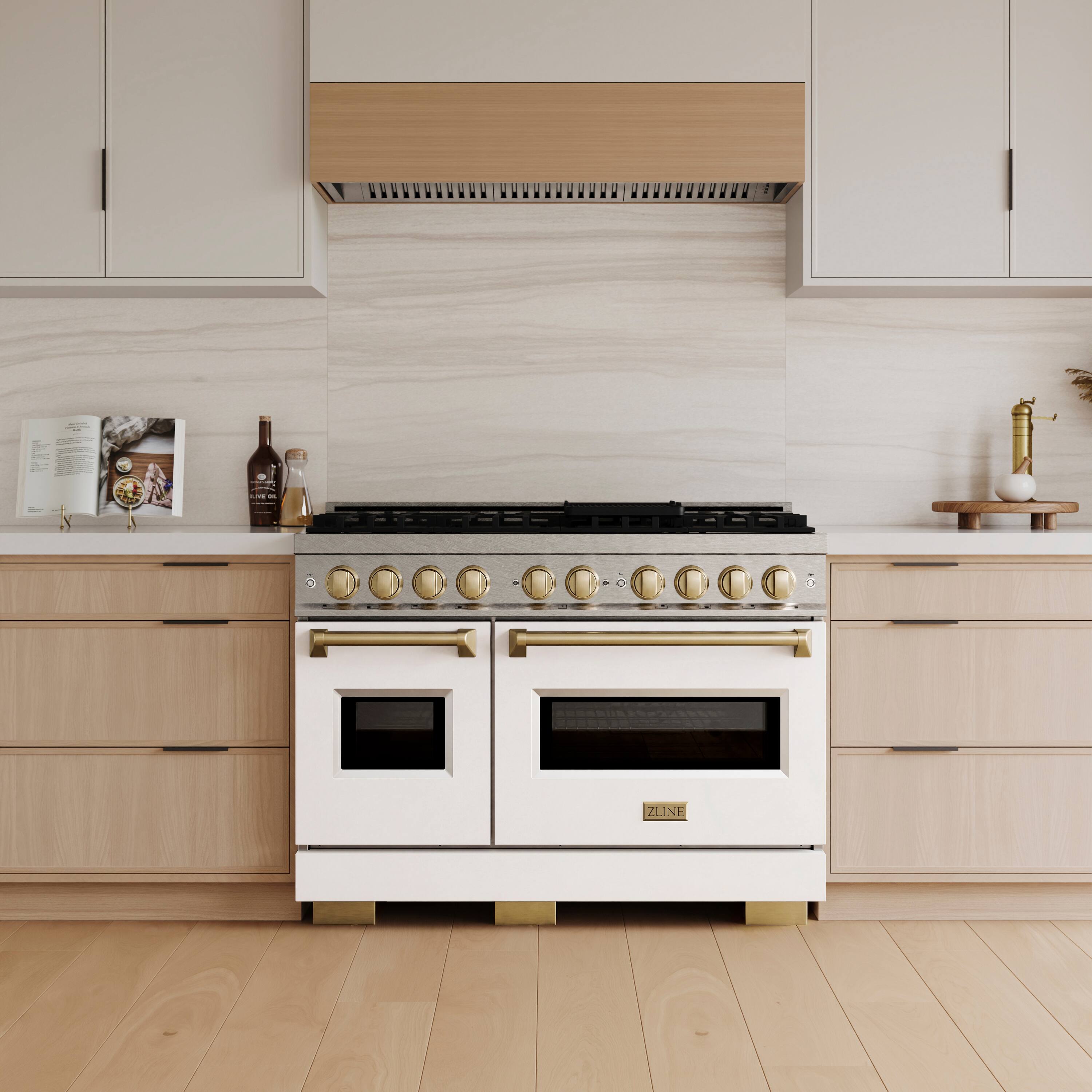 Alt View 7. ZLINE - Autograph 48 in. 6.7 cu. ft. Classic Freestanding DuoPro Gas Range in Satin Steel with White Doors & Bronze Accents - White Matte.