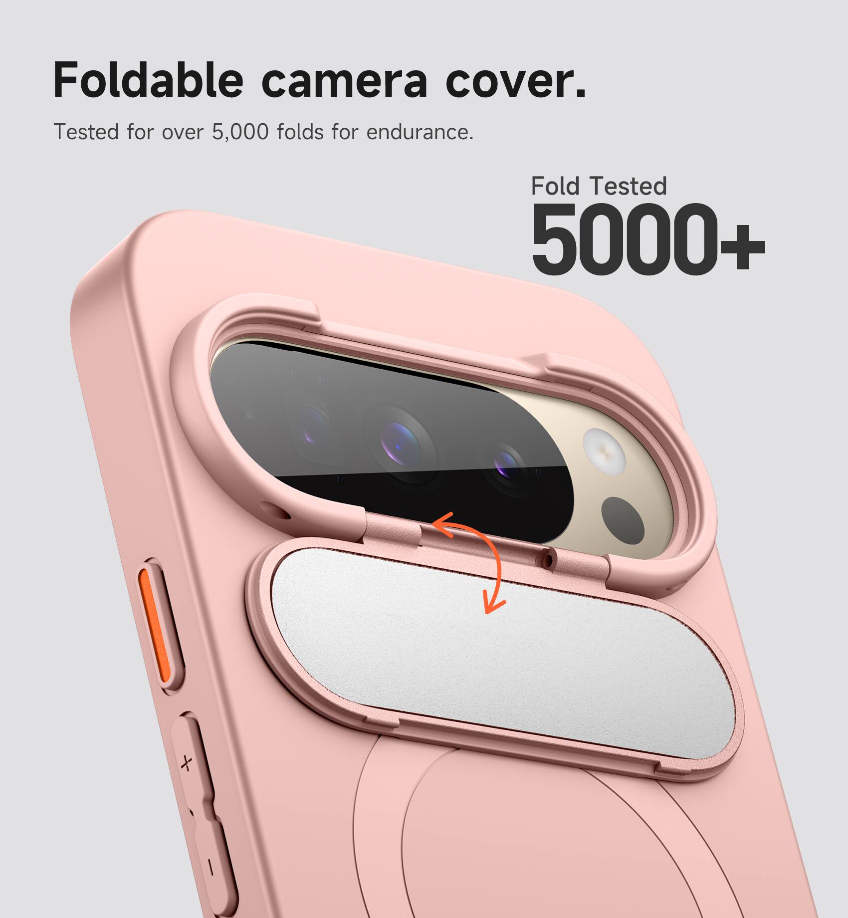 Foldable camera cover.  
Tested for over 5,000 folds for endurance.  
Fold Tested 5000+