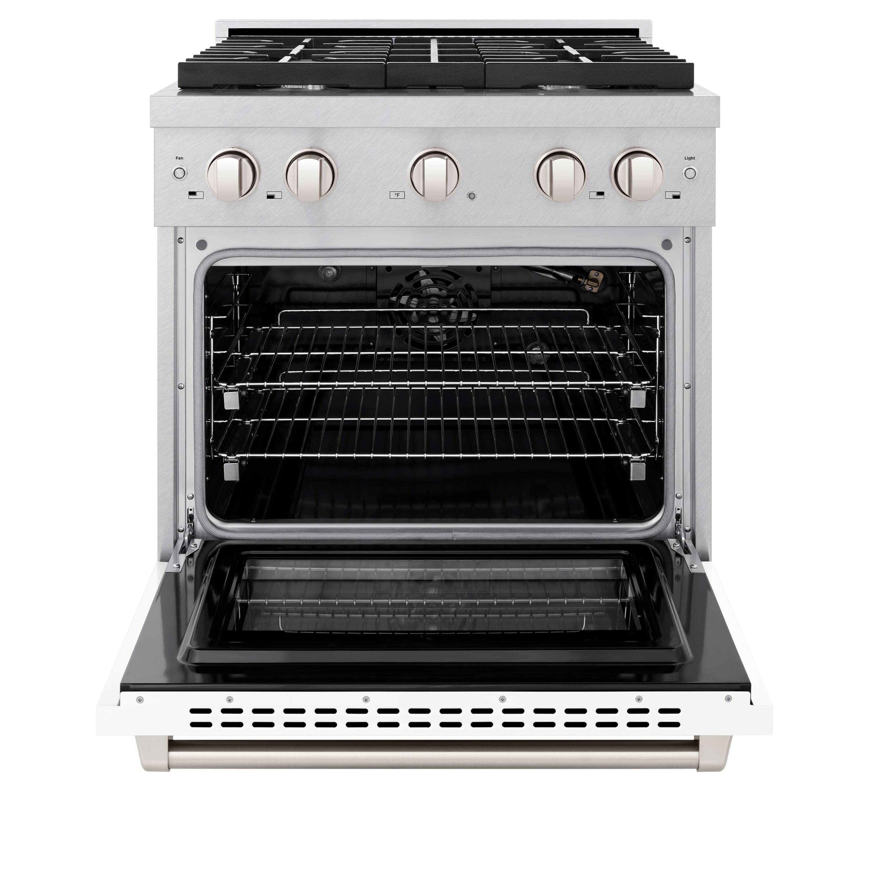 Angle. ZLINE - ZLINE 30 in. Paramount Satin Steel Gas Range w/ 4 Burners & Convection Oven w/ White Door (SGRS-WM-30) - White.
