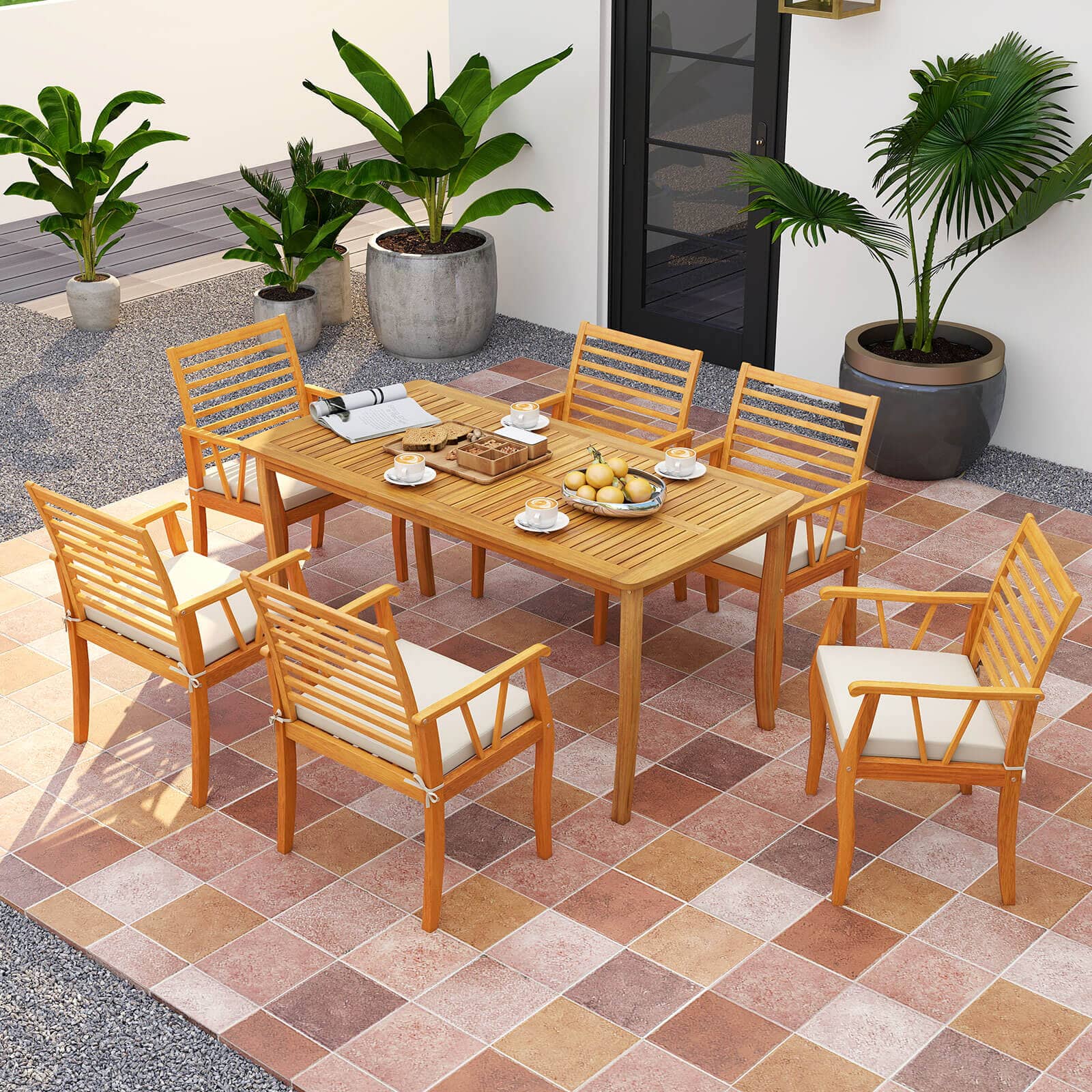 Costway - 7 PCS Patio Dining Set Acacia Wood Table and Chairs Set with 1.97" Umbrella Hole - Natural
