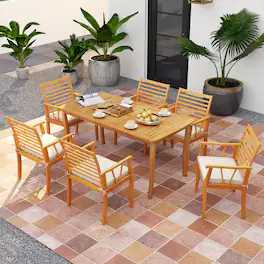 Costway - 7 PCS Patio Dining Set Acacia Wood Table and Chairs Set with 1.97" Umbrella Hole - Natural