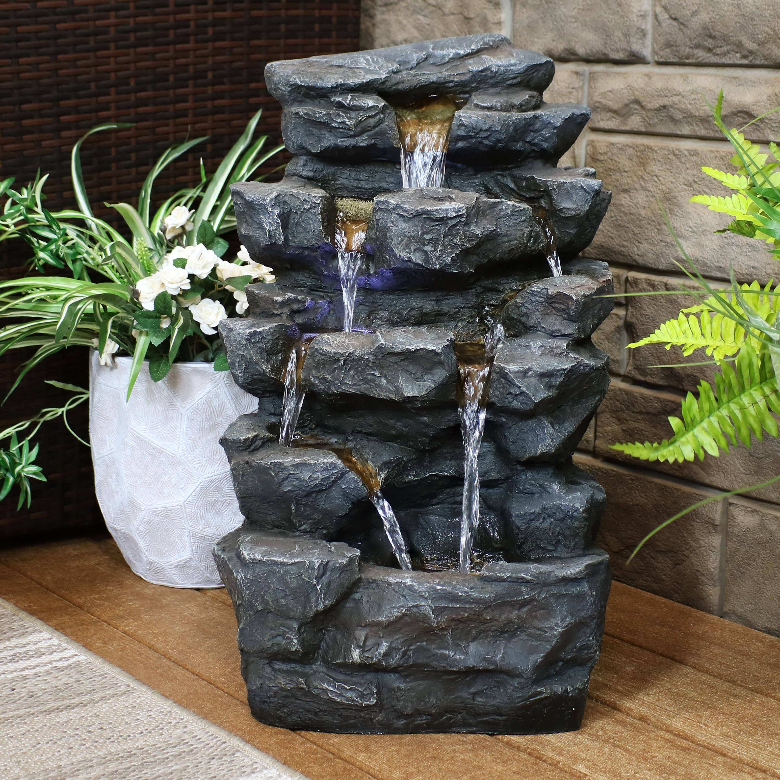 Alt View 3. Sunnydaze - Polyresin Grotto Falls Water Fountain with LED Lights - 24 in - Grey.