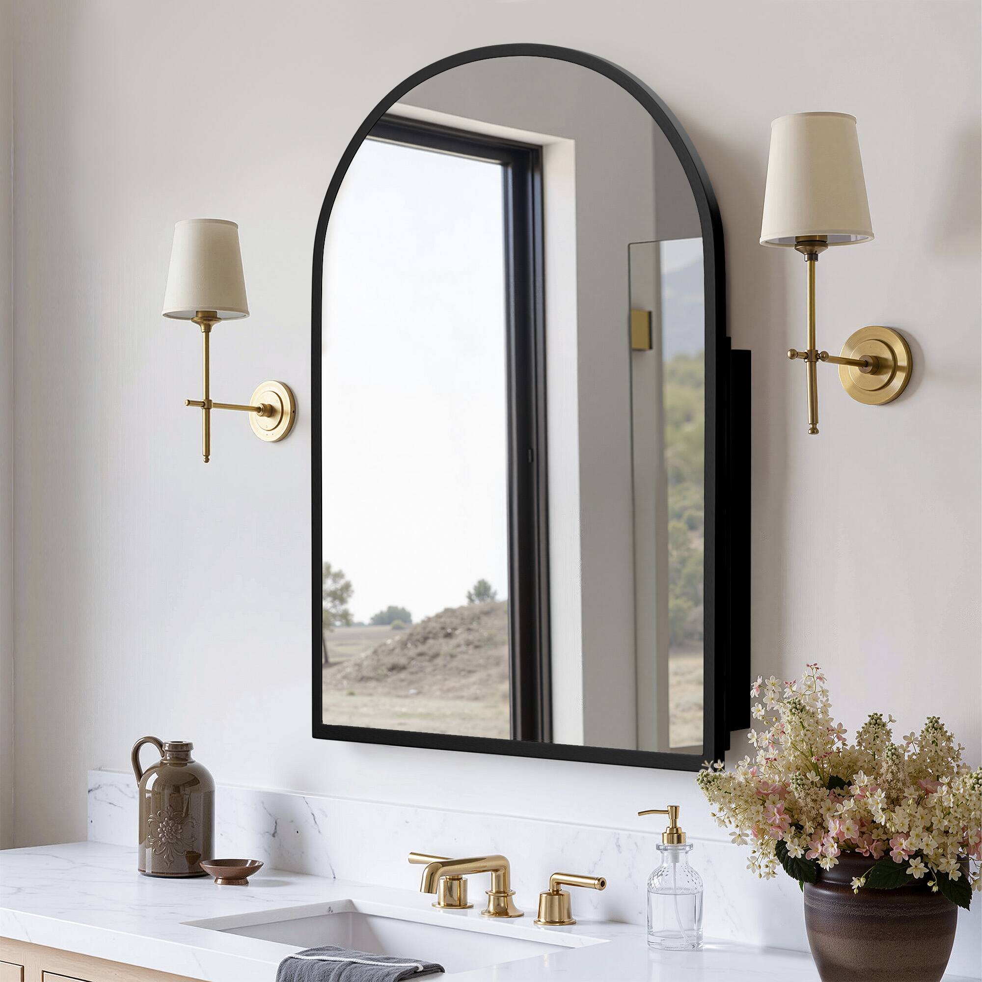 Front. Lirago - Lirago Arch Black Iron Recessed Medicine Cabinet with Mirror Adjustable Shelves Shatterproof Glass - Black.