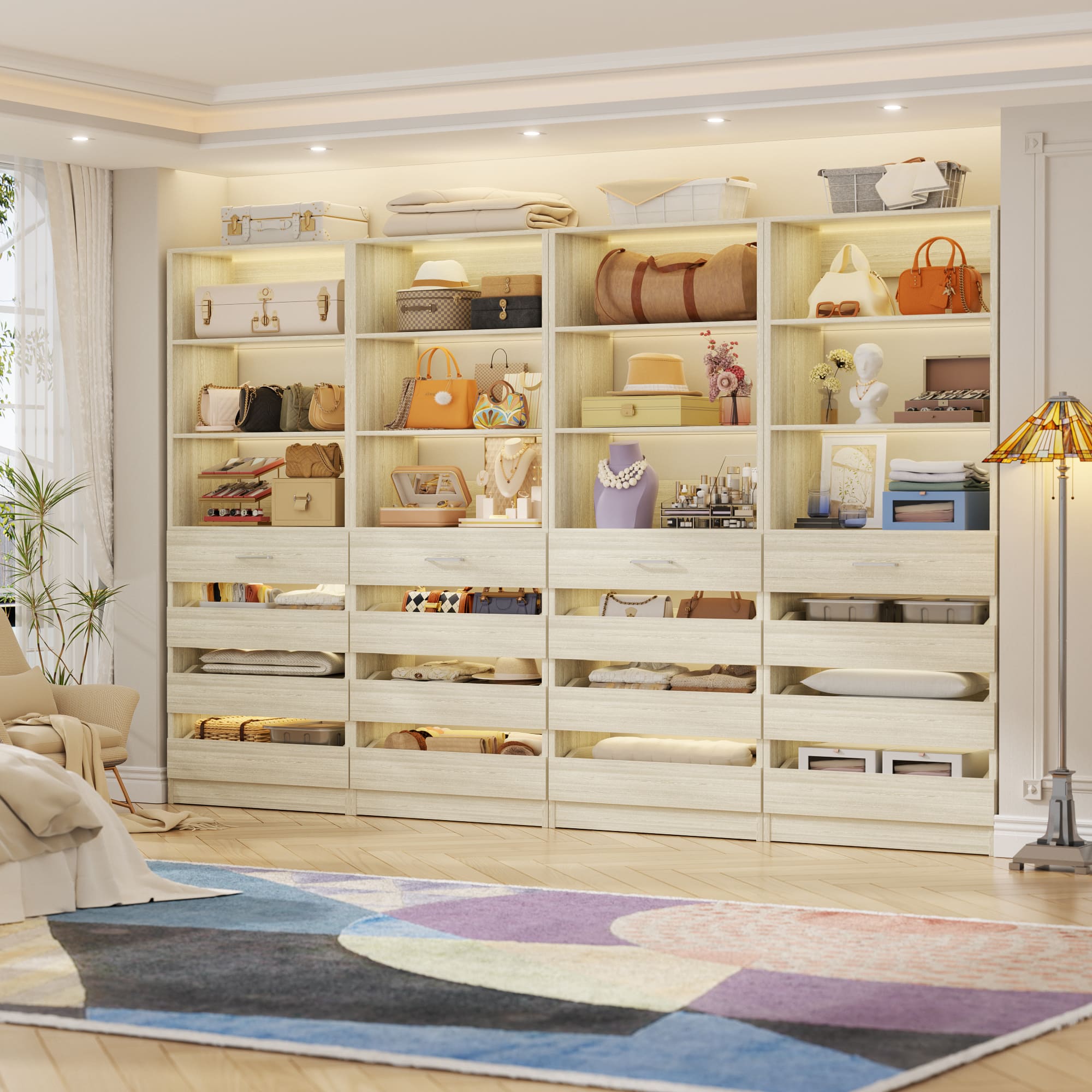 Aheaplus - 4 Pack Wood Storage Organizer: 4 Drawers & 3 Shelves, Wall-Mountable for Kitchen,Living Room,Bedroom - White Oak