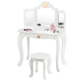 Costway - Kids Makeup Dressing Table Chair Set Princess Vanity & Tri-folding Mirror - White