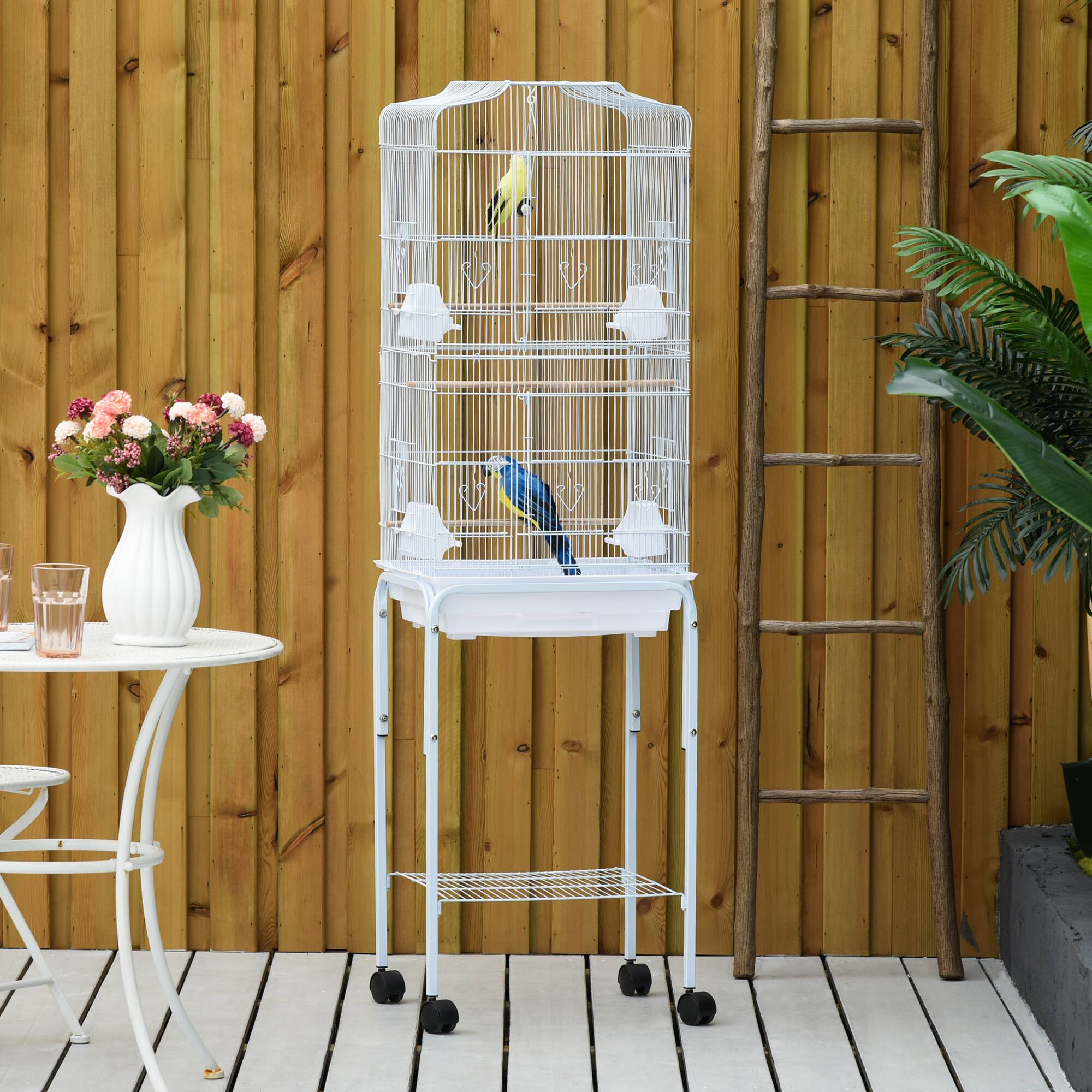 Angle. Pawhut - 60" Metal Indoor Bird Cage Starter Kit with Detachable Rolling Stand, Storage Basket, and Accessories.