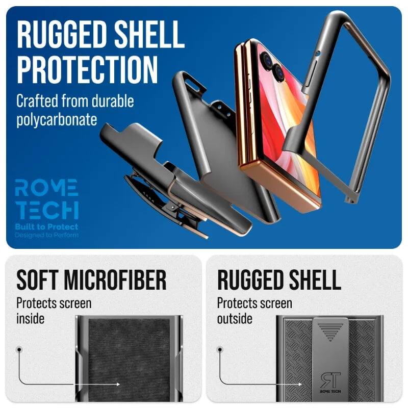 RUGGED SHELL PROTECTION  
Crafted from durable polycarbonate  

SOFT MICROFIBER  
Protects screen inside  

RUGGED SHELL  
Protects screen outside  

ROME TECH  
Built to Protect  
Designed to Perform
