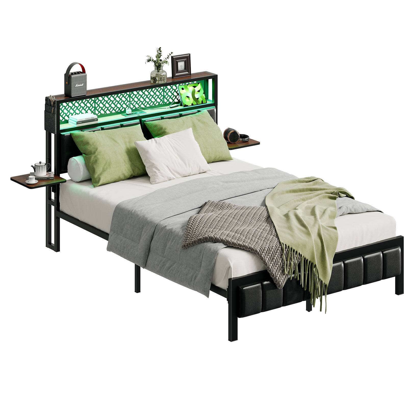 Left. Bestier - Full Size Bed Frame with Upholstered Headboard Built-in Storage LED Lighting and Charging Station - Brown.