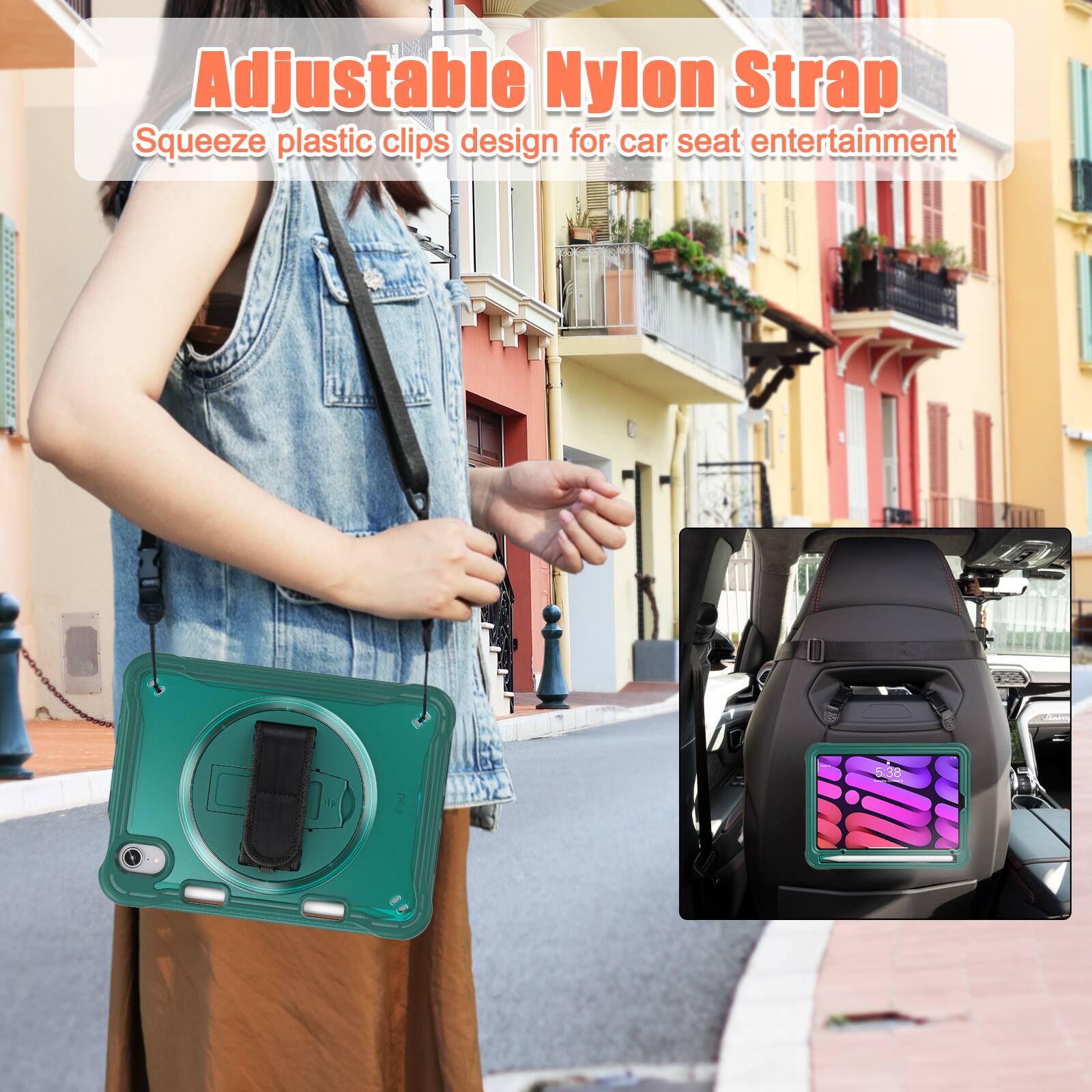 Adjustable Nylon Strap  
Squeeze plastic clips design for car seat entertainment