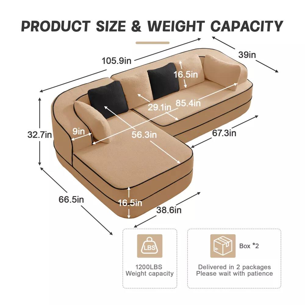 PRODUCT SIZE & WEIGHT CAPACITY

- 105.9in
- 39in
- 85.4in
- 67.3in
- 66.5in
- 38.6in
- 32.7in
- 9in
- 56.3in
- 16.5in
- 29.1in
- 16.5in

1200LBS Weight capacity

Box *2
Delivered in 2 packages
Please wait with patience
