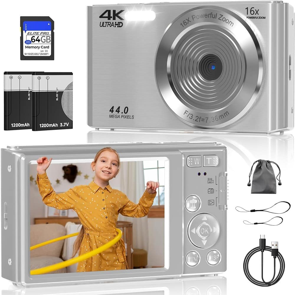 ACJPR - 4K Digital Camera, 44MP, 16X Zoom, 3-LED Lights, 64GB SD Card, Silver