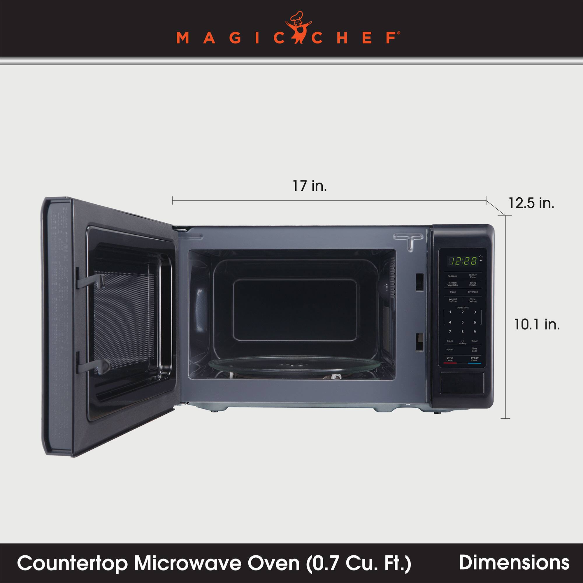 MAGIC CHEF

17 in.  
12.5 in.  
10.1 in.

Countertop Microwave Oven (0.7 Cu. Ft.)  
Dimensions