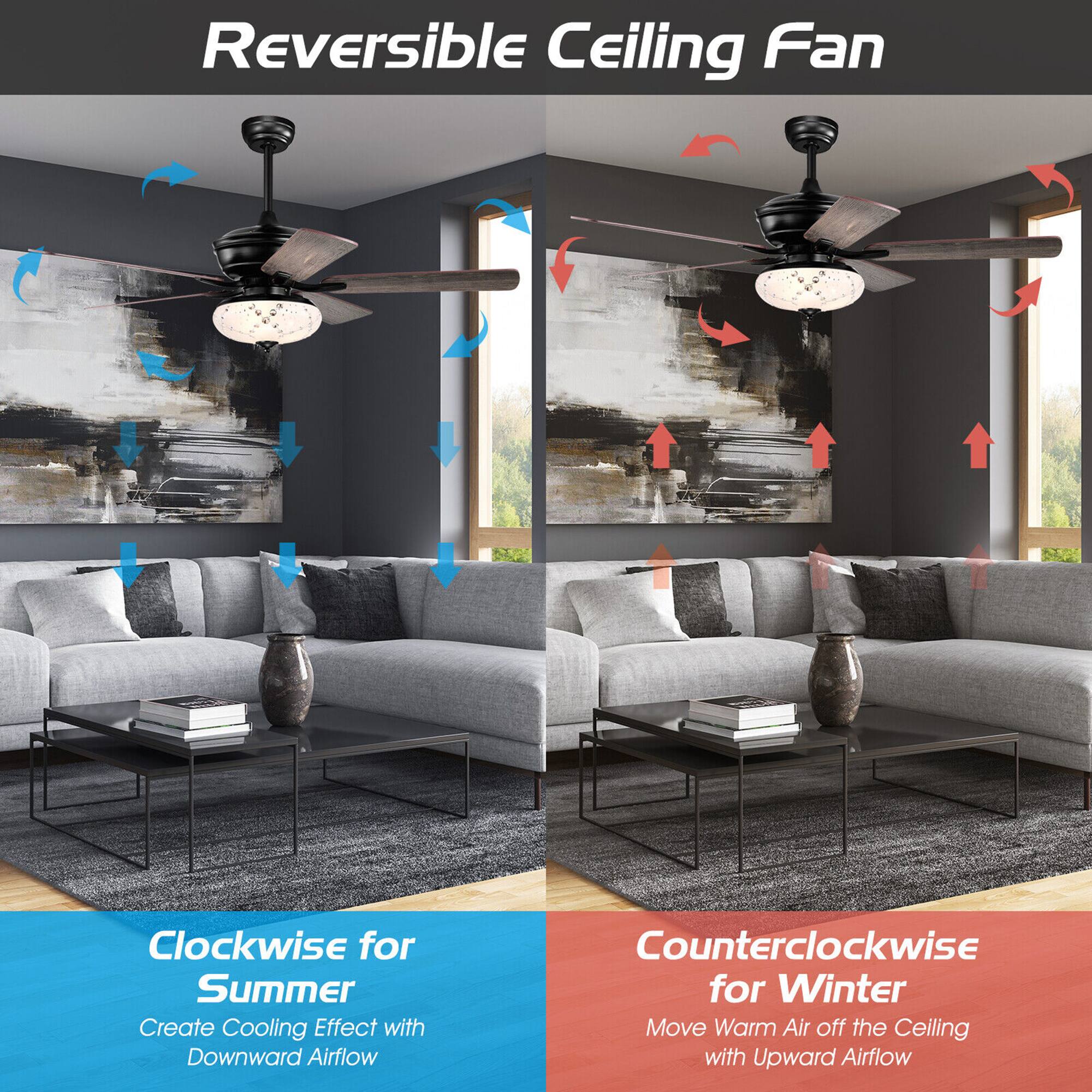 Reversible Ceiling Fan

Clockwise for Summer  
Create Cooling Effect with Downward Airflow

Counterclockwise for Winter  
Move Warm Air off the Ceiling with Upward Airflow