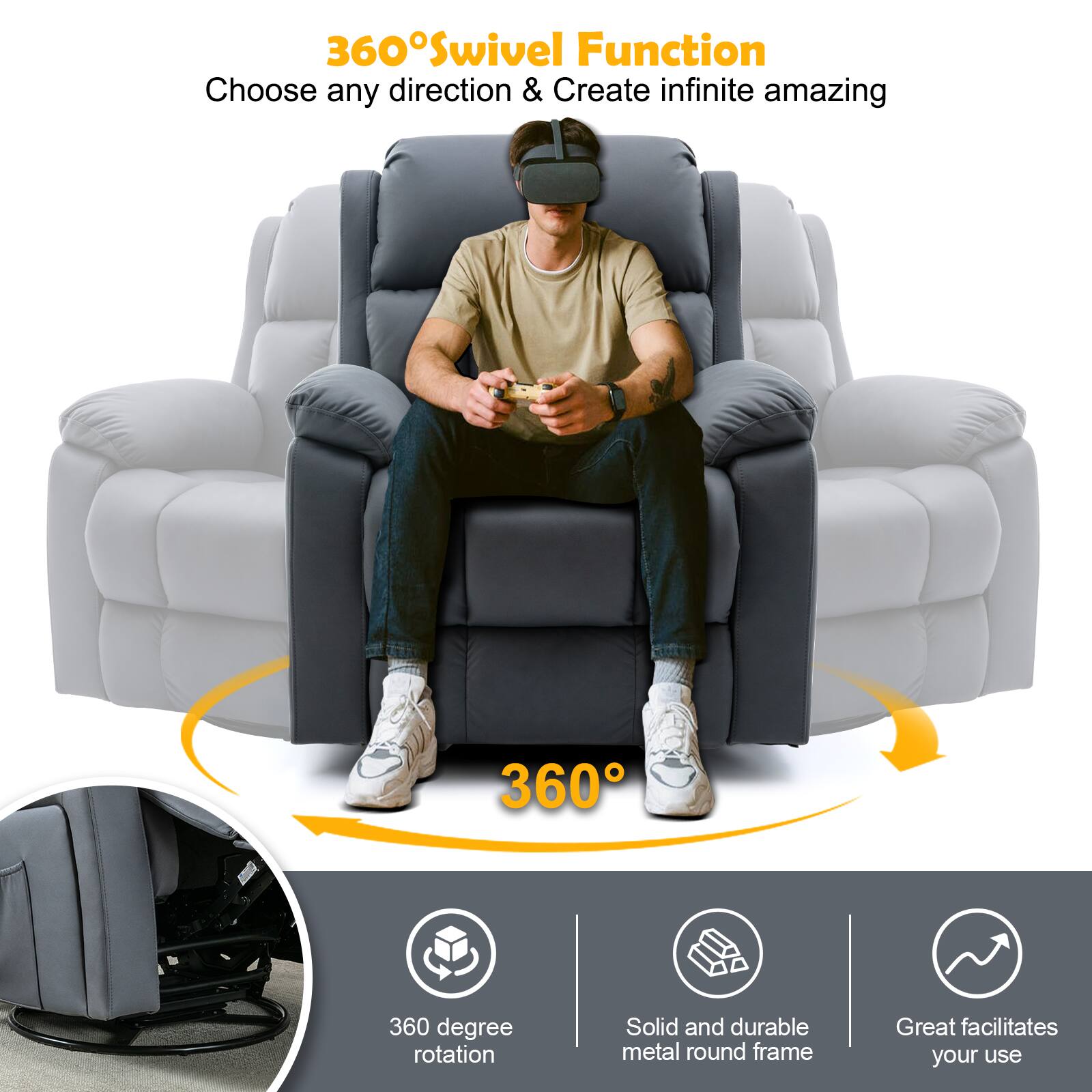 360° Swivel Function  
Choose any direction & Create infinite amazing  

360°  

360 degree rotation  
Solid and durable metal round frame  
Great facilitates your use