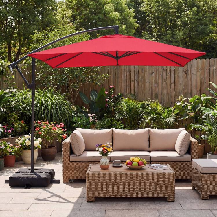 Angle. Mondawe - 8x8 FT Offset Cantilever Square Patio Umbrella 360 Rotation with Base - Red.