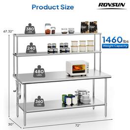 Winado - 72" x 30" Stainless Steel Prep Table Garage Work Table with Overshelf & Adjustable Undershelves & Hook & Rounded Edges - Silver