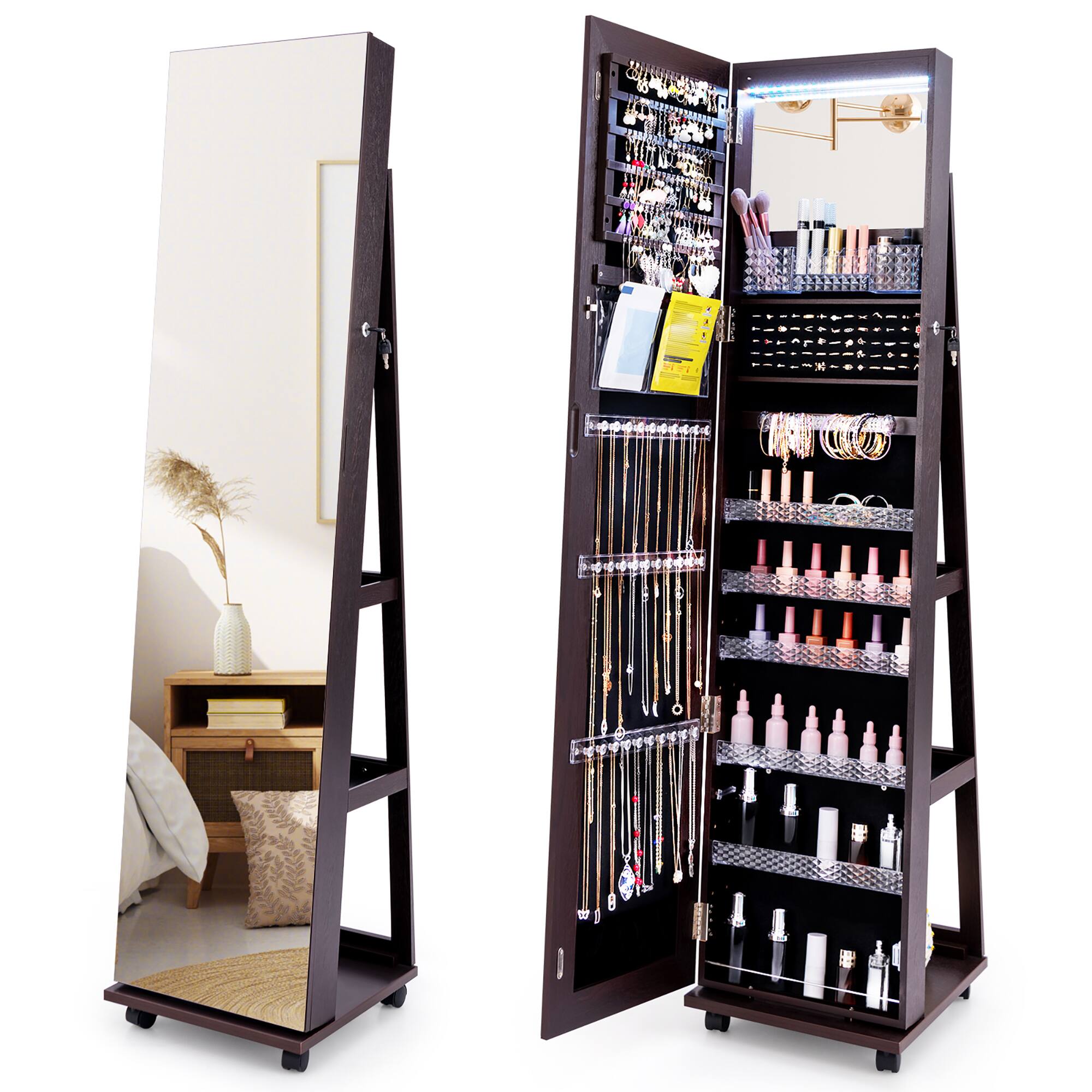 Gymax - 64'' Jewelry Cabinet Armoire w/ 3-Color Lights Adjustable Shelves & Wheels - Purple