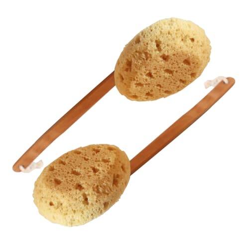 Front. DORLUKFU - 18" 2pcs Extra Long Handle Beechwood Bath Brush with Sponge - Exfoliating & Massaging Back Scrubber for Shower.