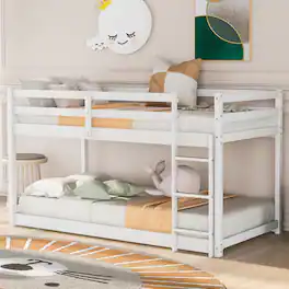 Loheer - Twin Over Twin Floor Bunk Bed Solid Wood Kids Low Bunk Bed with Ladder - White