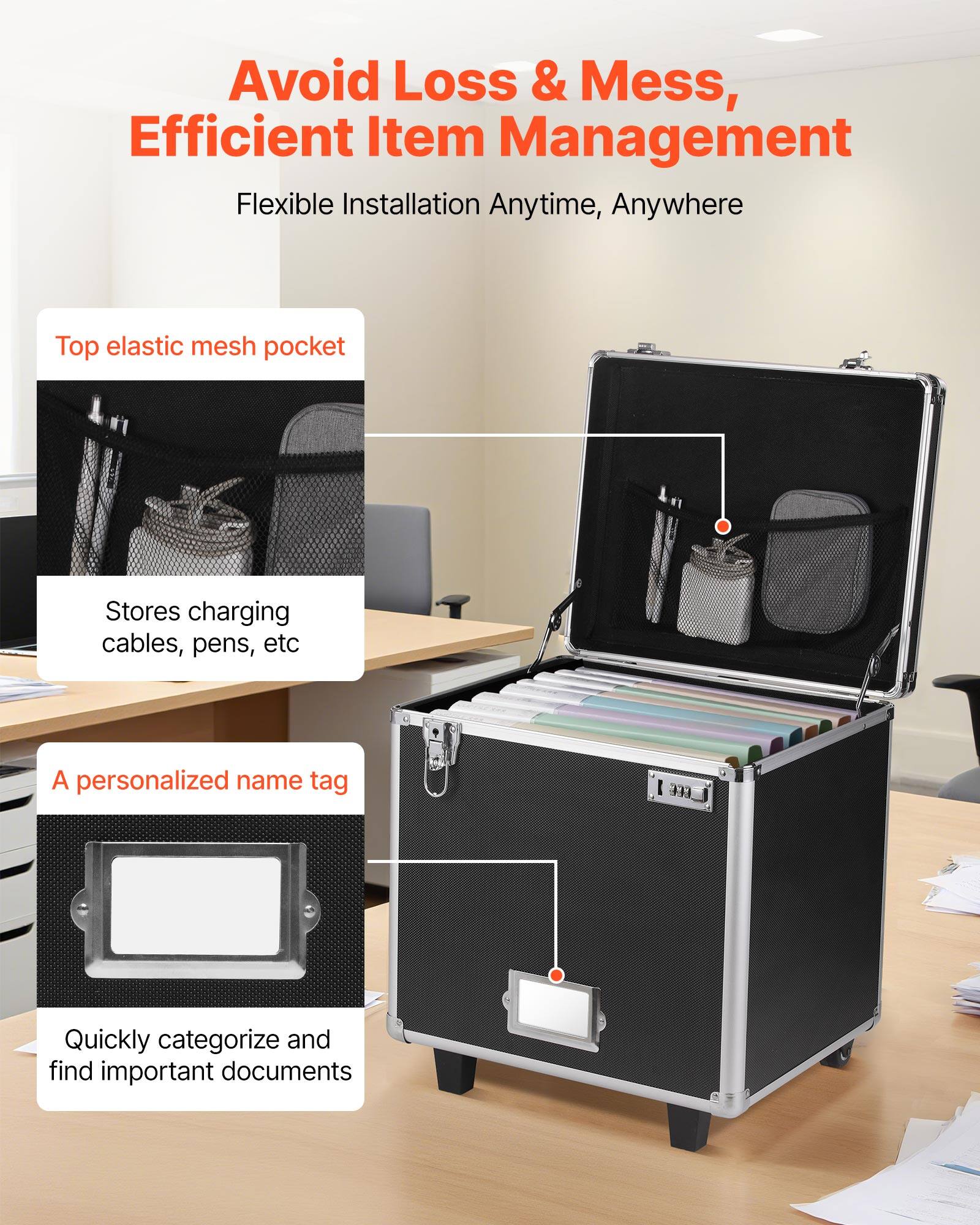Avoid Loss & Mess, Efficient Item Management

Flexible Installation Anytime, Anywhere

- Top elastic mesh pocket
  - Stores charging cables, pens, etc

- A personalized name tag
  - Quickly categorize and find important documents
