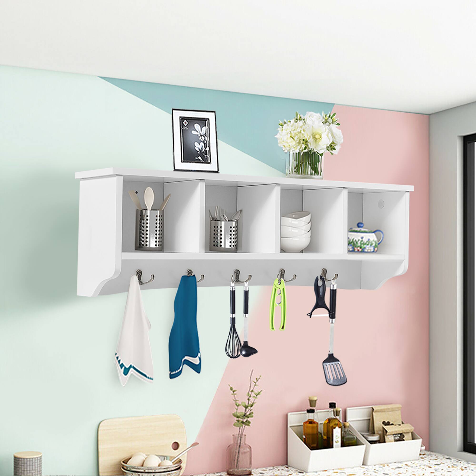 Alt View 1. Costway - Costway Hanging Entryway Shelf Coat Rack Wall Mounted Storage Cabinets W/5 Dual Hooks - White.
