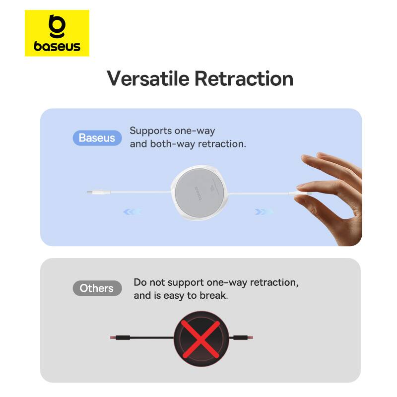 Versatile Retraction

Baseus
Supports one-way and both-way retraction.

Others
Do not support one-way retraction, and is easy to break.