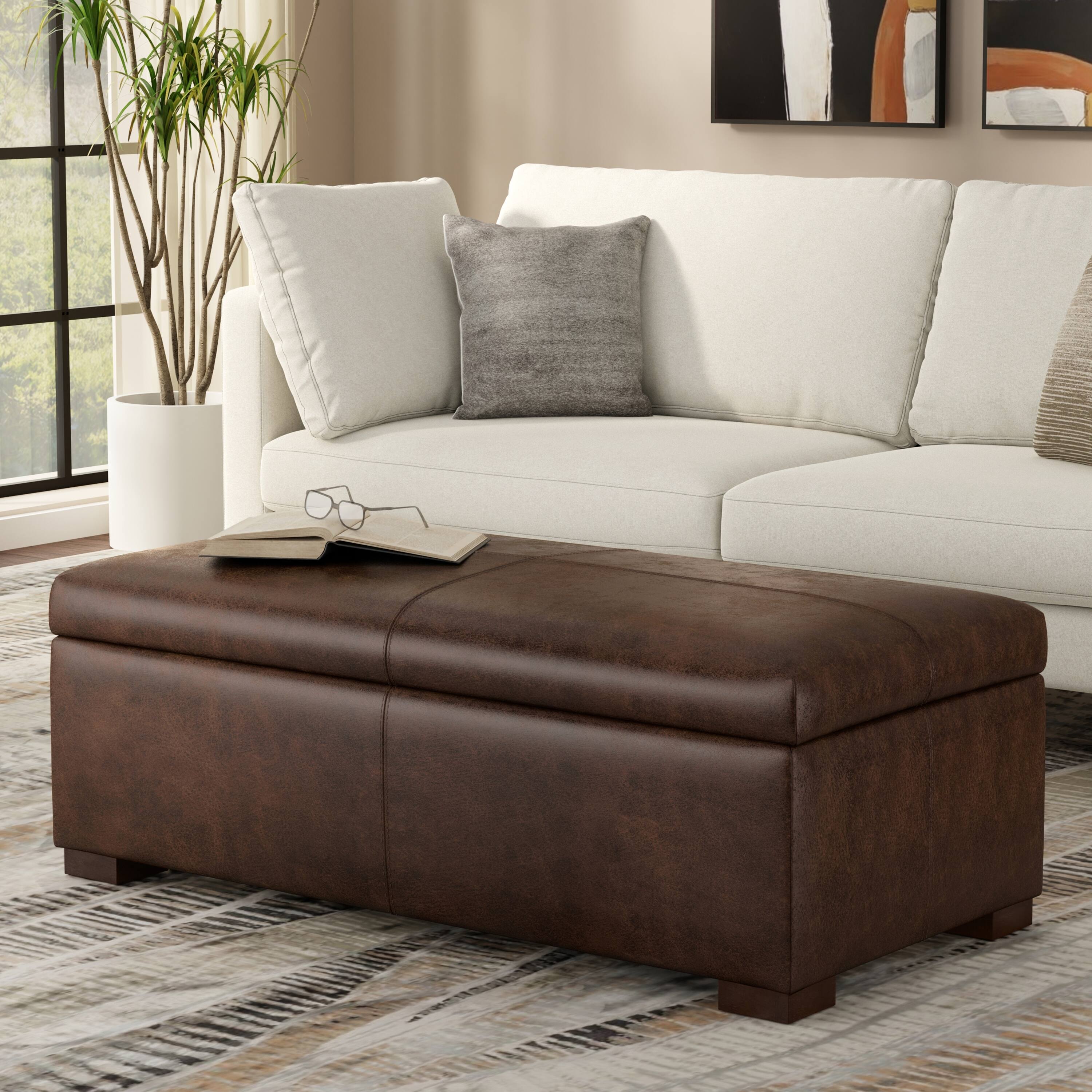 Angle. Simpli Home - Gabbie 48 inch Wide Rectangular Storage Ottoman in Distressed Chestnut Brown  Vegan Leather - Distressed Chestnut Brown.