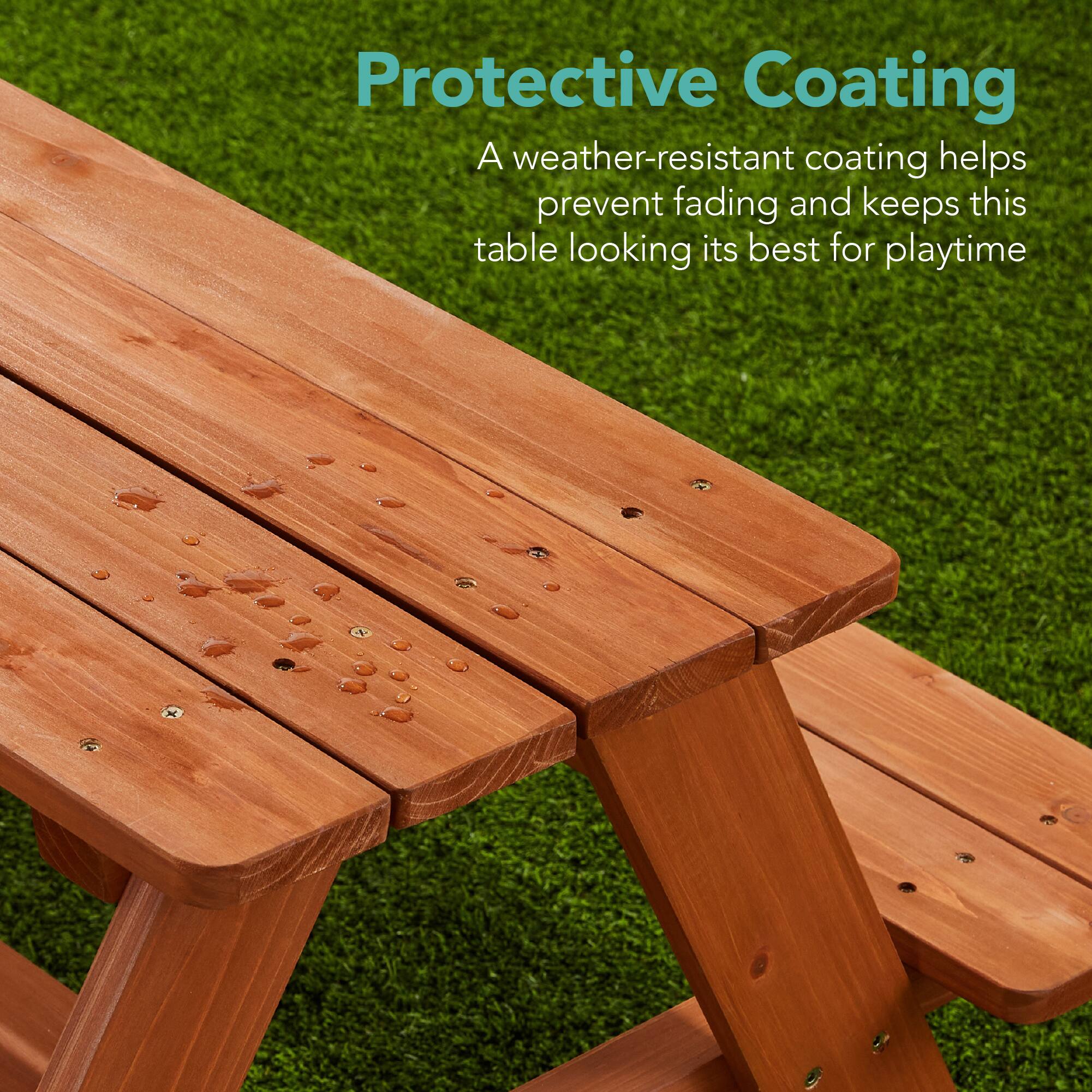 Protective Coating

A weather-resistant coating helps prevent fading and keeps this table looking its best for playtime.
